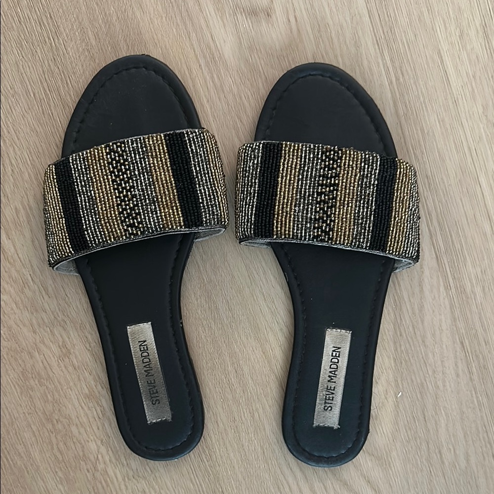 Steve Madden Black and Gold Slide Sandals